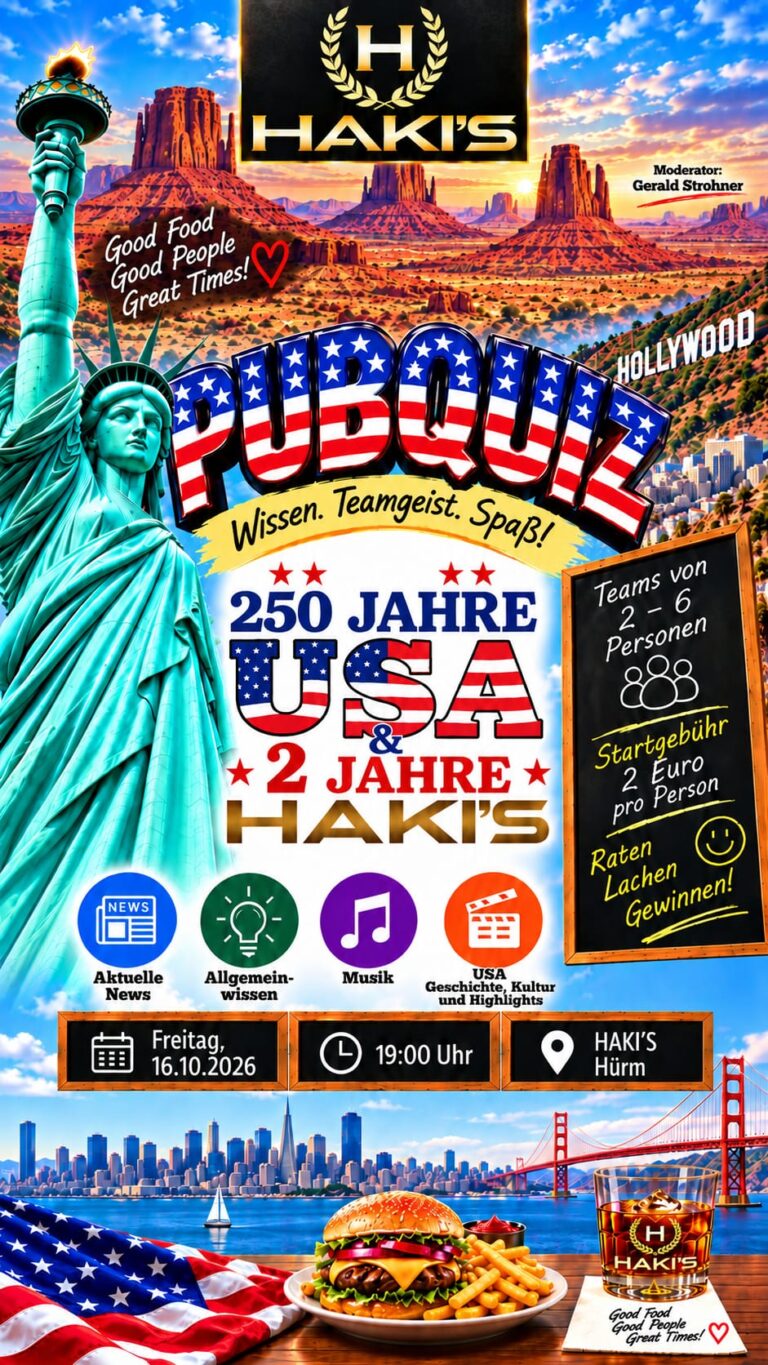 Poster zum 3. Hürmer Pub Quiz im Haki’s: 250 Jahre USA & 2 Jahre Haki’s am 16. Oktober 2026
