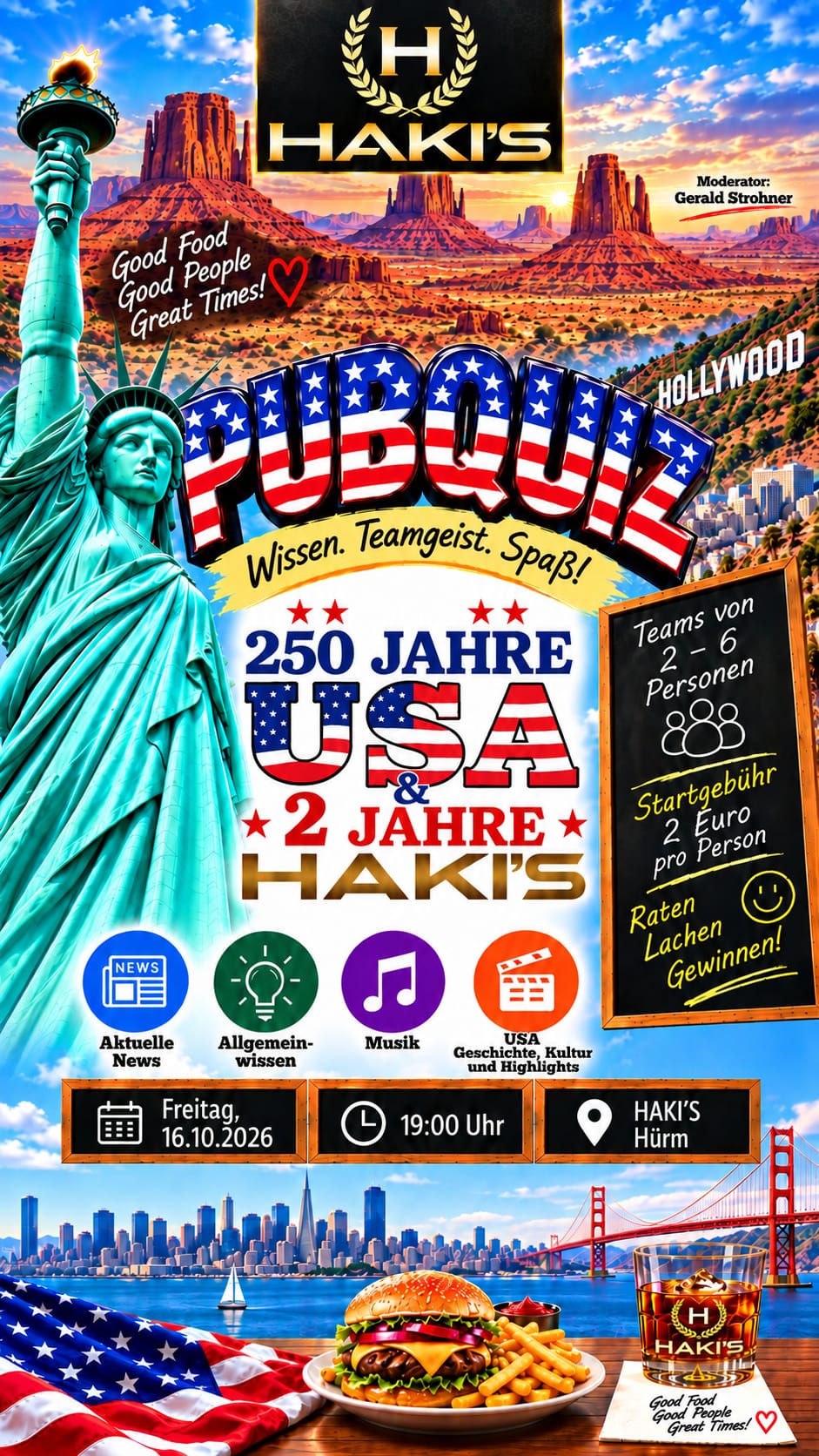 Poster zum 3. Hürmer Pub Quiz im Haki’s: 250 Jahre USA & 2 Jahre Haki’s am 16. Oktober 2026